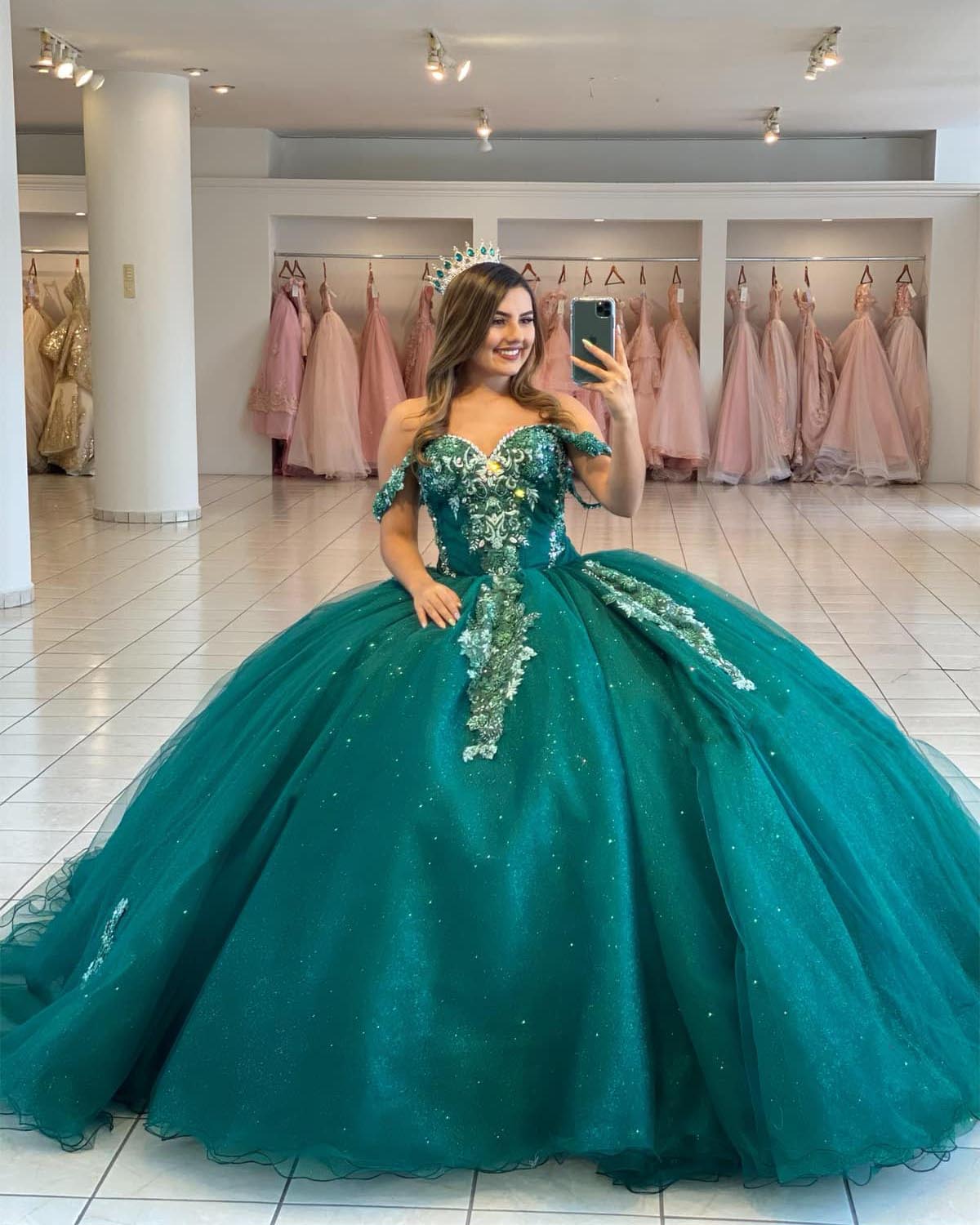Emerald ball gown. | Green wedding dresses, Lace ball gowns, Ball gowns